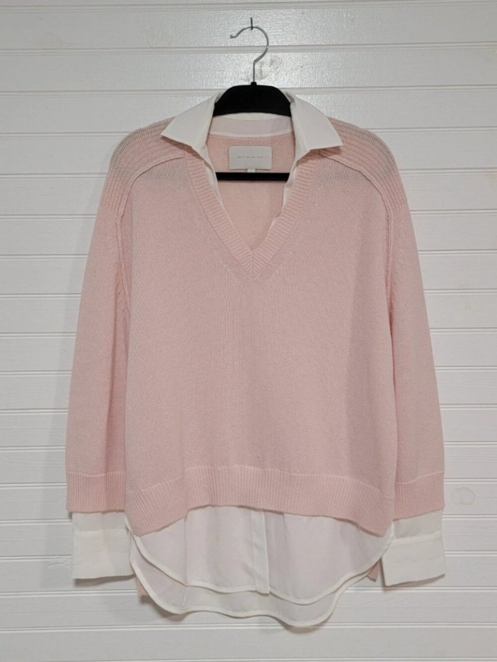 Brochu Walker The Looker Wool Cashmere V Neck Layered Sweater Baby Pink Large - Picture 2 of 8